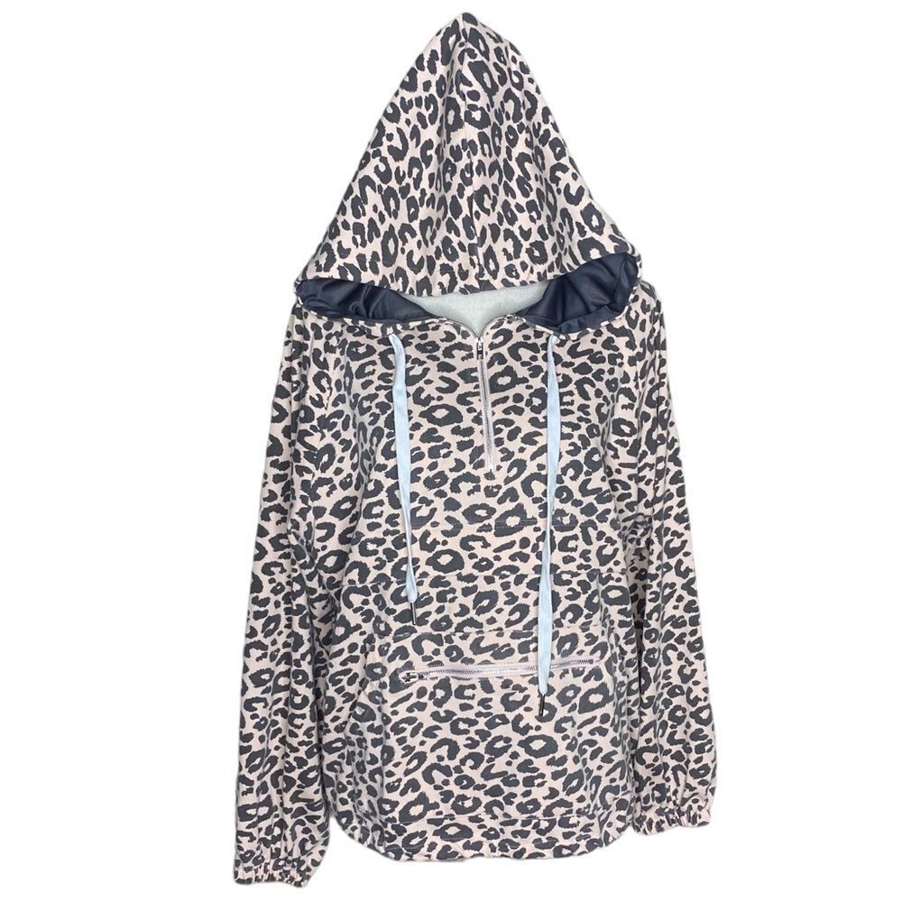 Mainstrip Wm’s Sz Sm Cream Cheetah Half Zip Kangaroo Pocket Hoodie Sweatshirt